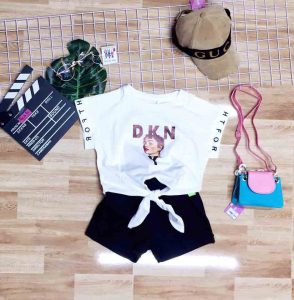 bộ bé gái áo cột eo