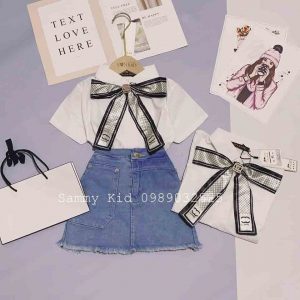 Bộ áo sơmi nơ váy jean
